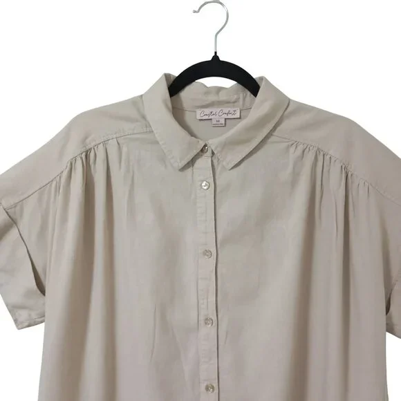 Coastal Comfort Shirt Dress Linen Blend Button-Up With Pockets Size M Beige - Picture 4 of 11